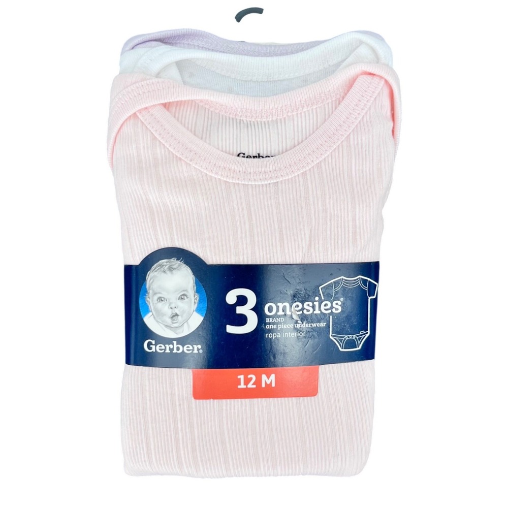Gerber Onesies Bodysuits Baby Girls 12M Pink White Lavender Ribbed Cotton 3-Pack